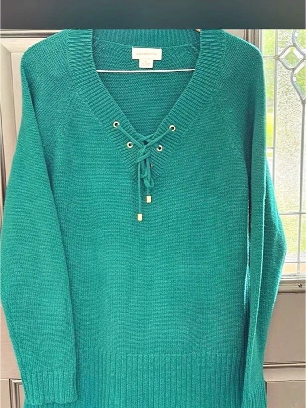 Liz Claiborne Lace-Up V-Neck Sweater in Green XL Like New